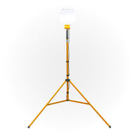 Illuminated 'Signaworks' branded diffused LED light mounted on a yellow tripod, black power cord and 3-position switch on a white background.