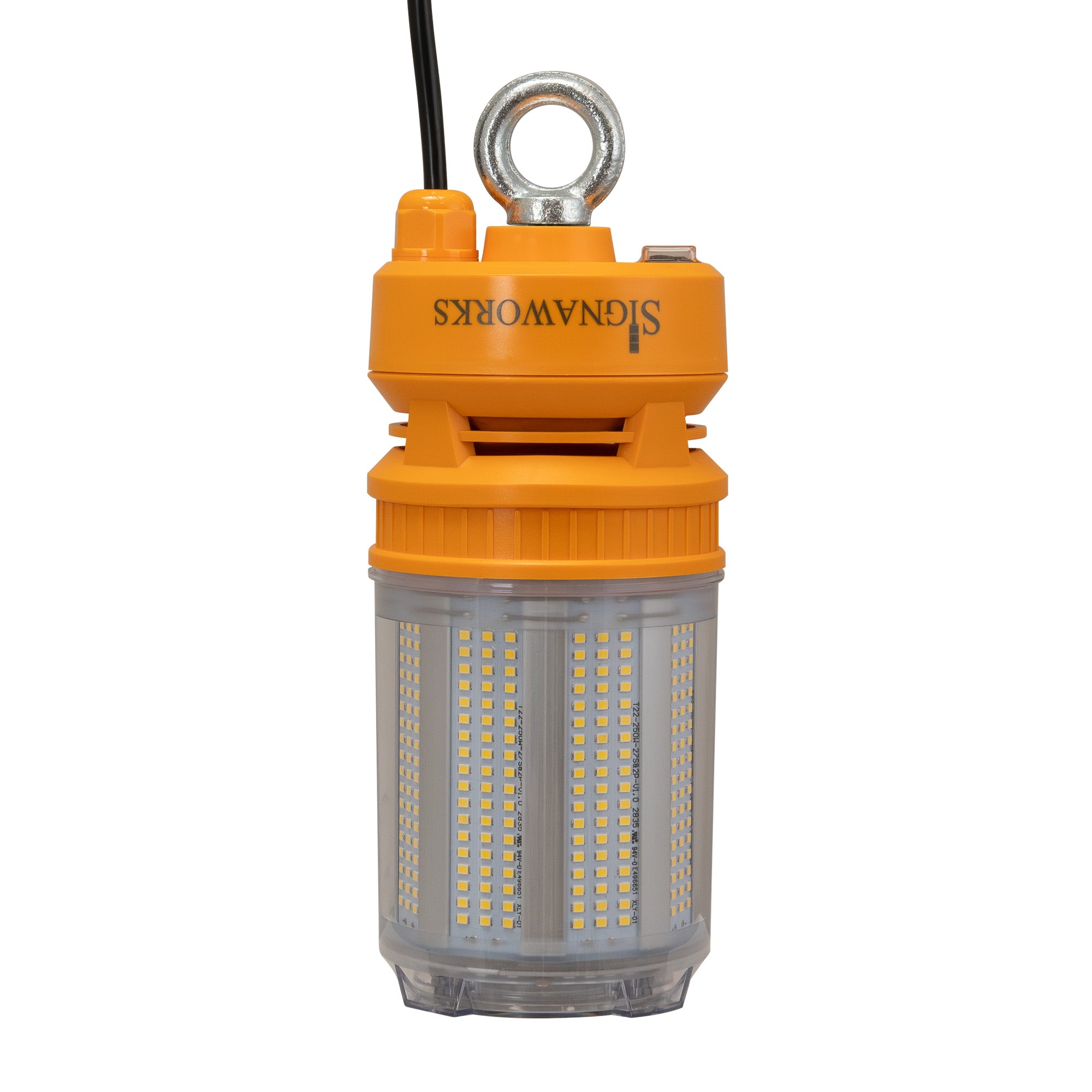 An unilluminated 'Signaworks' branded LED light with black power cord, 3-position switch and steel mounting ring on a white background.