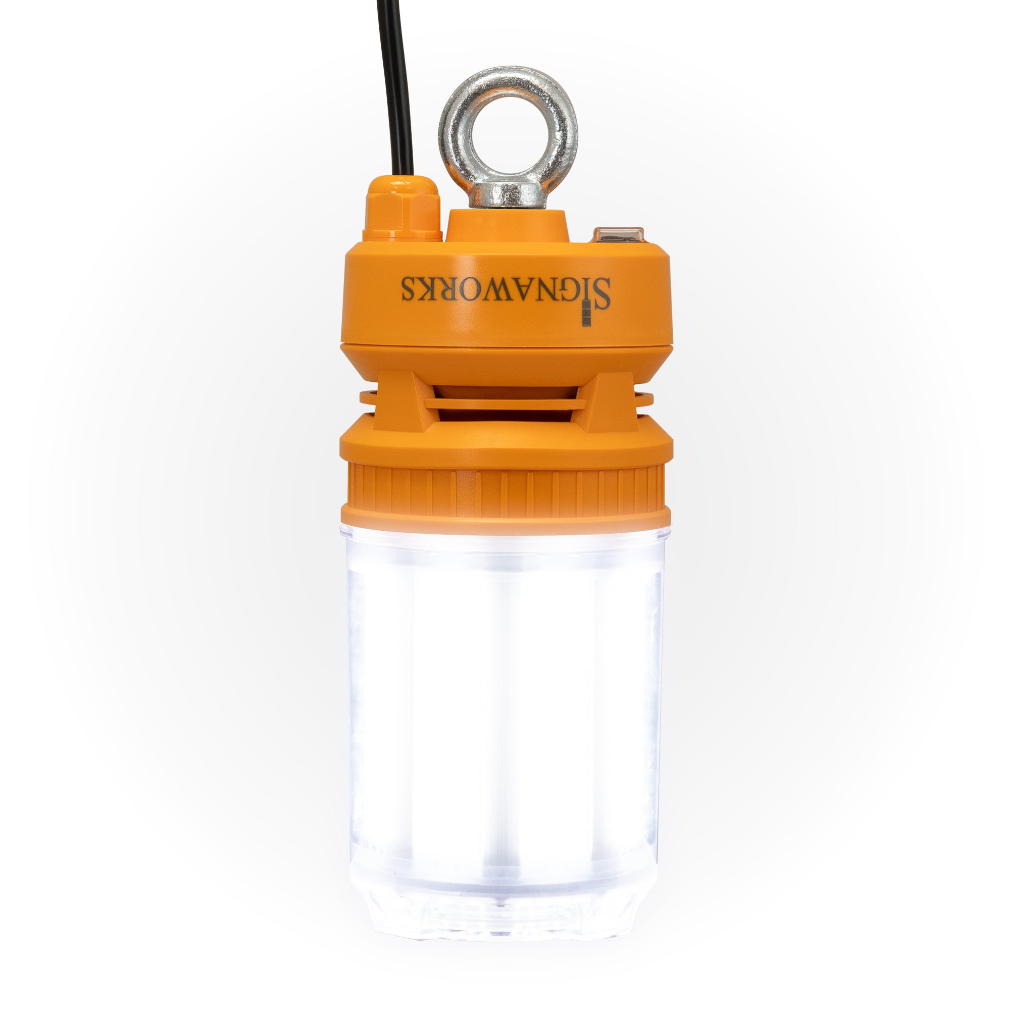 Illuminated 'Signaworks' branded LED light with black power cord, 3-position switch and steel mounting ring on a white background.