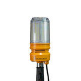 An unilluminated 'Signaworks' branded LED light mounted on a black tripod, black power cord and 3-position switch on a white background.