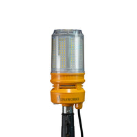 An unilluminated 'Signaworks' branded LED light mounted on a black tripod, black power cord and 3-position switch on a white background.