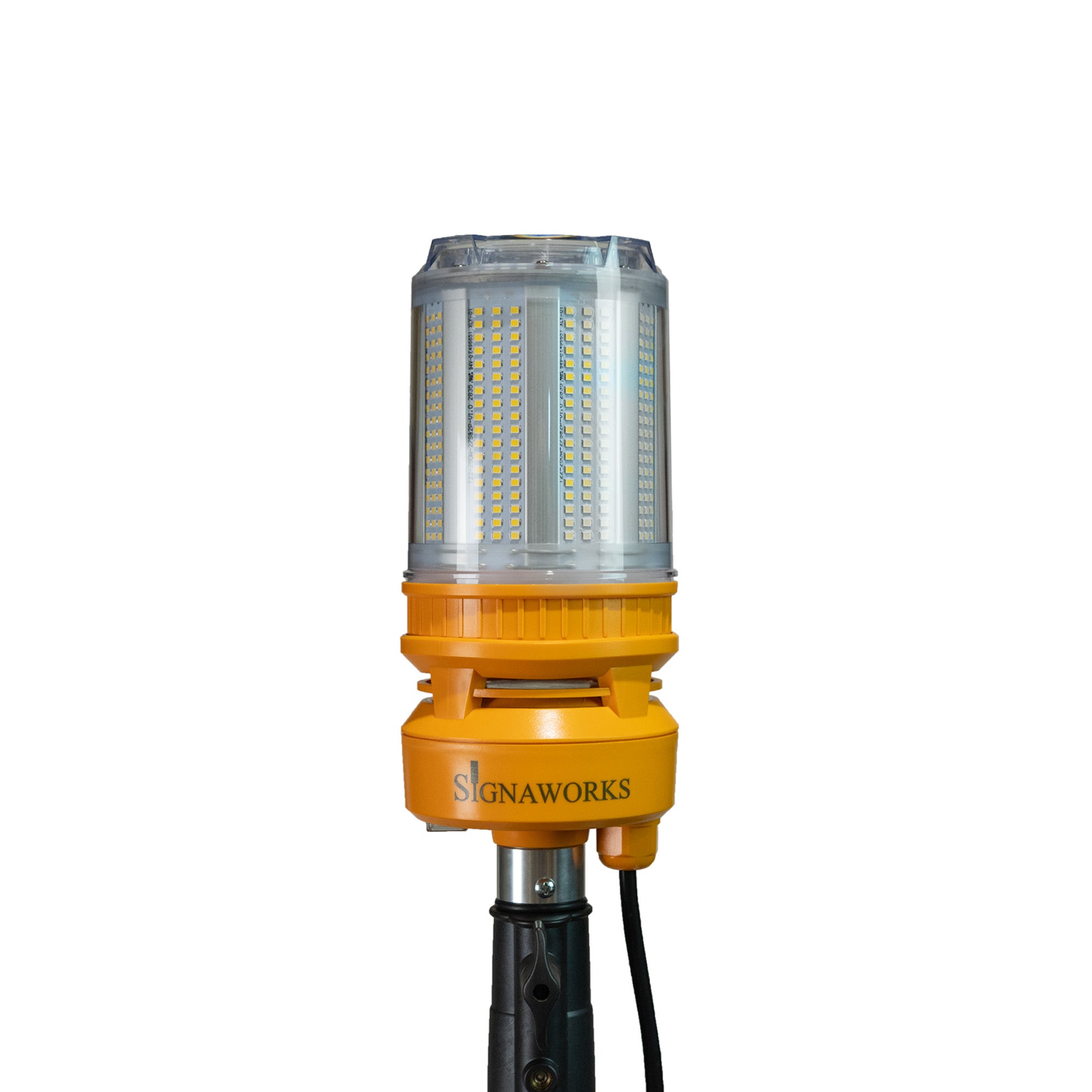An unilluminated 'Signaworks' branded LED light mounted on a black tripod, black power cord and 3-position switch on a white background.