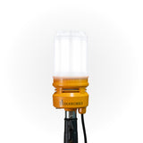 Illuminated 'Signaworks' branded LED light mounted on a black tripod, black power cord and 3-position switch on a white background.