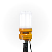 Illuminated 'Signaworks' branded LED light mounted on a black tripod, black power cord and 3-position switch on a white background.