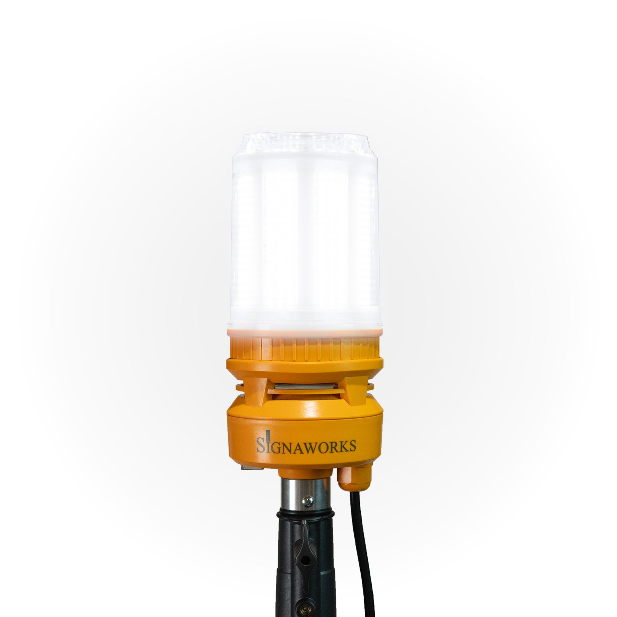 Illuminated 'Signaworks' branded LED light mounted on a black tripod, black power cord and 3-position switch on a white background.