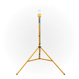 Illuminated 'Signaworks' branded LED light mounted on a yellow tripod, black power cord and 3-position switch on a white background.