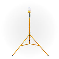 Illuminated 'Signaworks' branded LED light mounted on a yellow tripod, black power cord and 3-position switch on a white background.