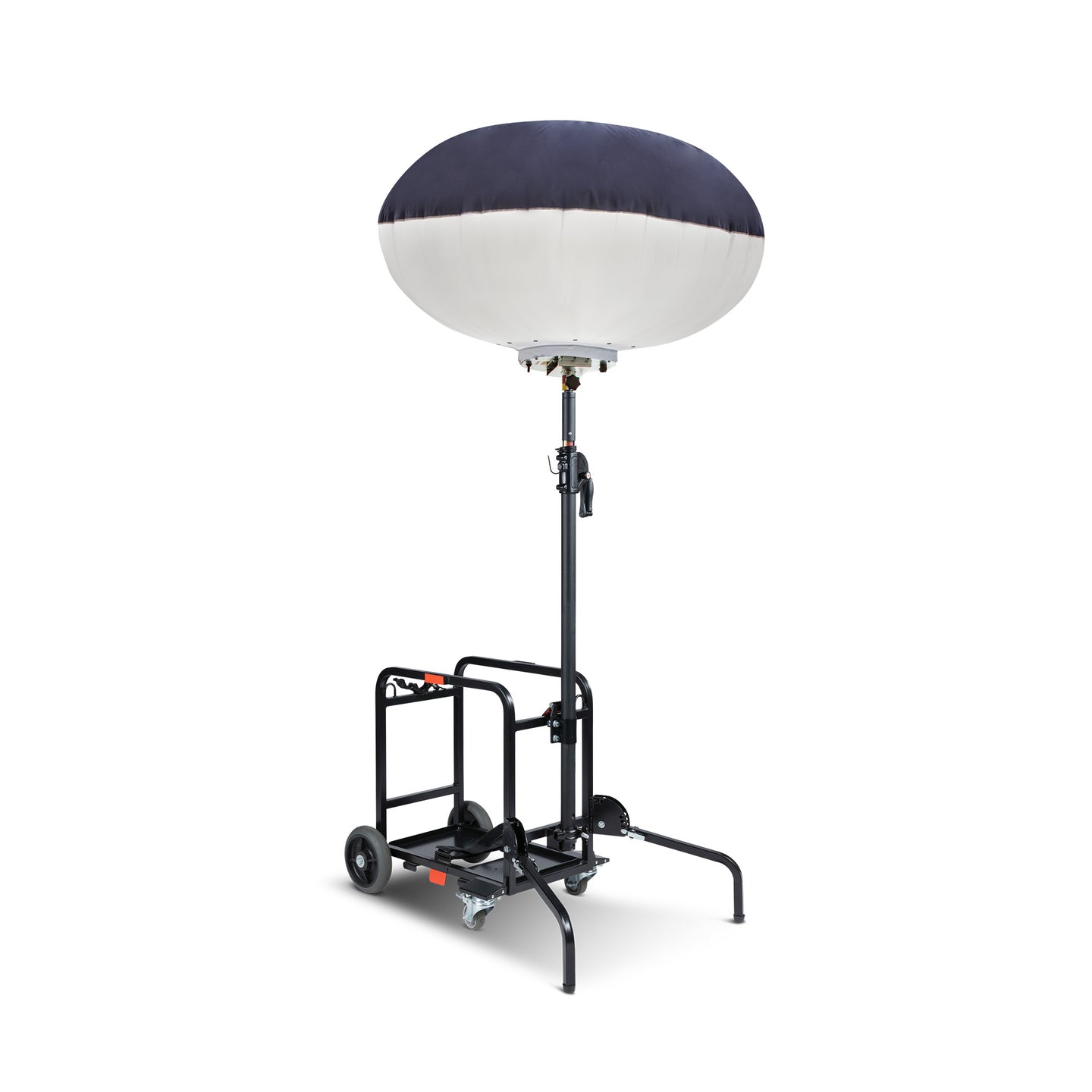 A portable tripod LED balloon light with a carrying bag, featuring a large white light diffuser at the top and a black telescoping tripod base.