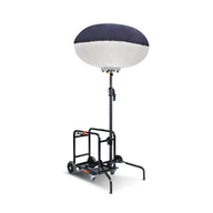 A portable tripod LED balloon light with a carrying bag, featuring a large white light diffuser at the top and a black telescoping tripod base.