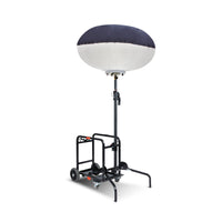 A portable tripod LED balloon light with a carrying bag, featuring a large white light diffuser at the top and a black telescoping tripod base.