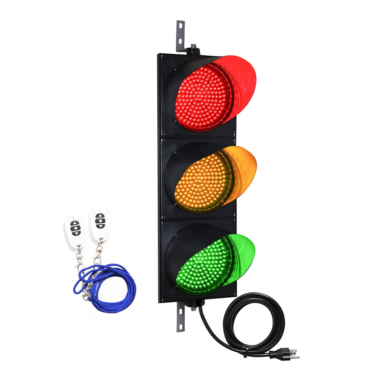 A 12 inch LED traffic light with red, amber, and green lenses, accompanied by a wireless key fob and a power cord.