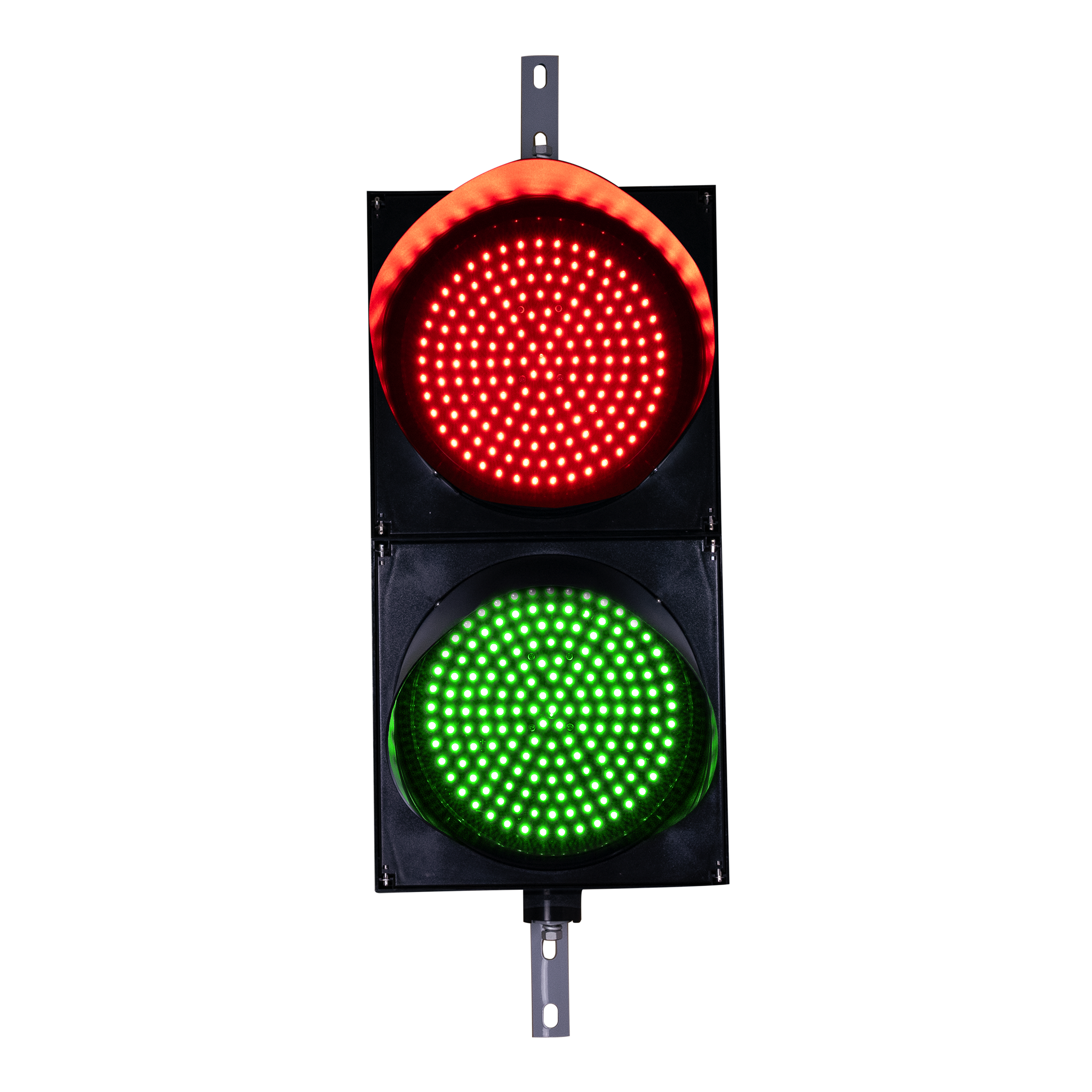 A 12 inch diameter LED traffic light with red and green lenses.