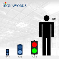 A color graphic with 'Signaworks' branding depicting 4, 8, and 12 inch traffic light scale relative to a 6 foot tall human.