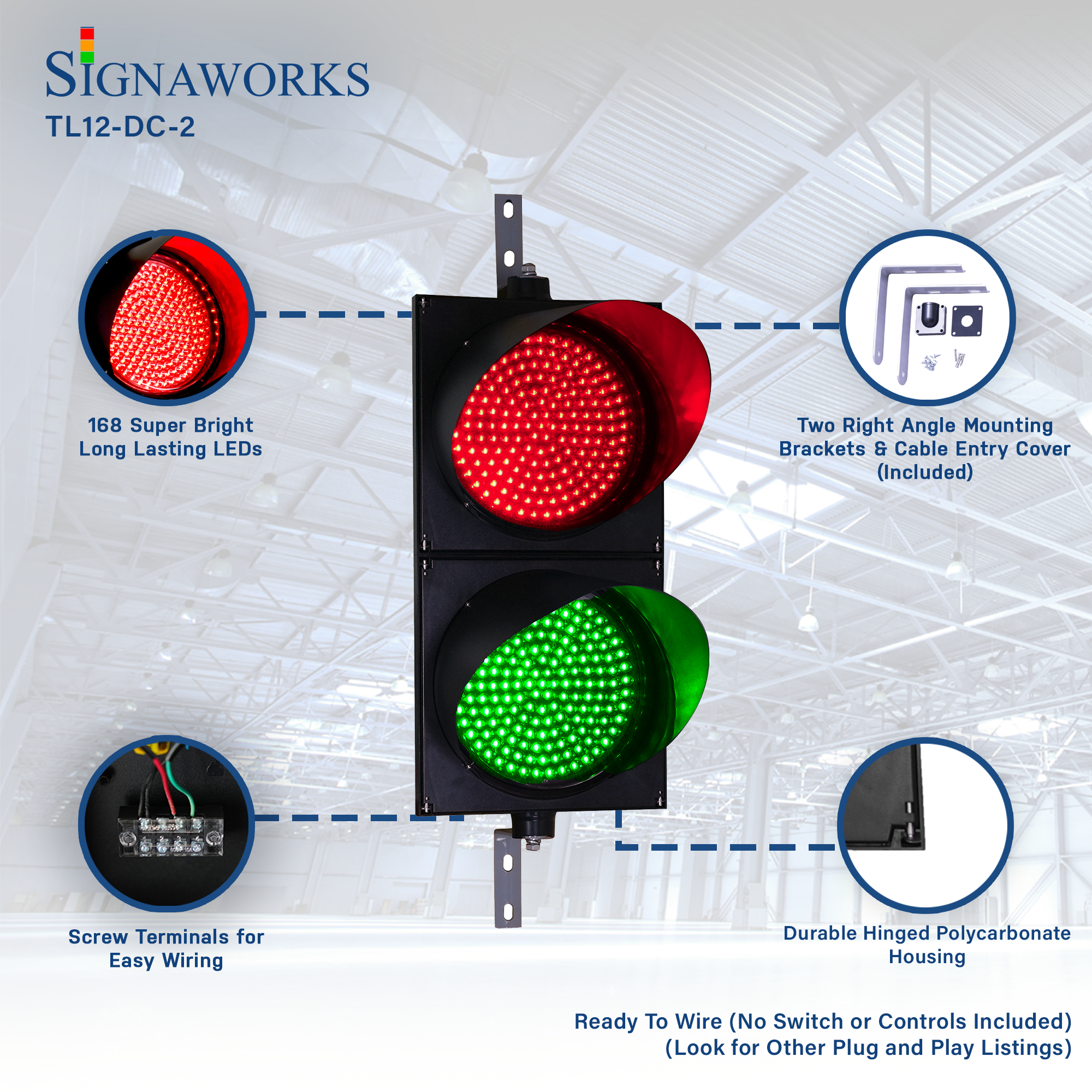 'Signaworks' branded graphic featuring LED quality, mounting hardware, wiring terminals and housing construction.