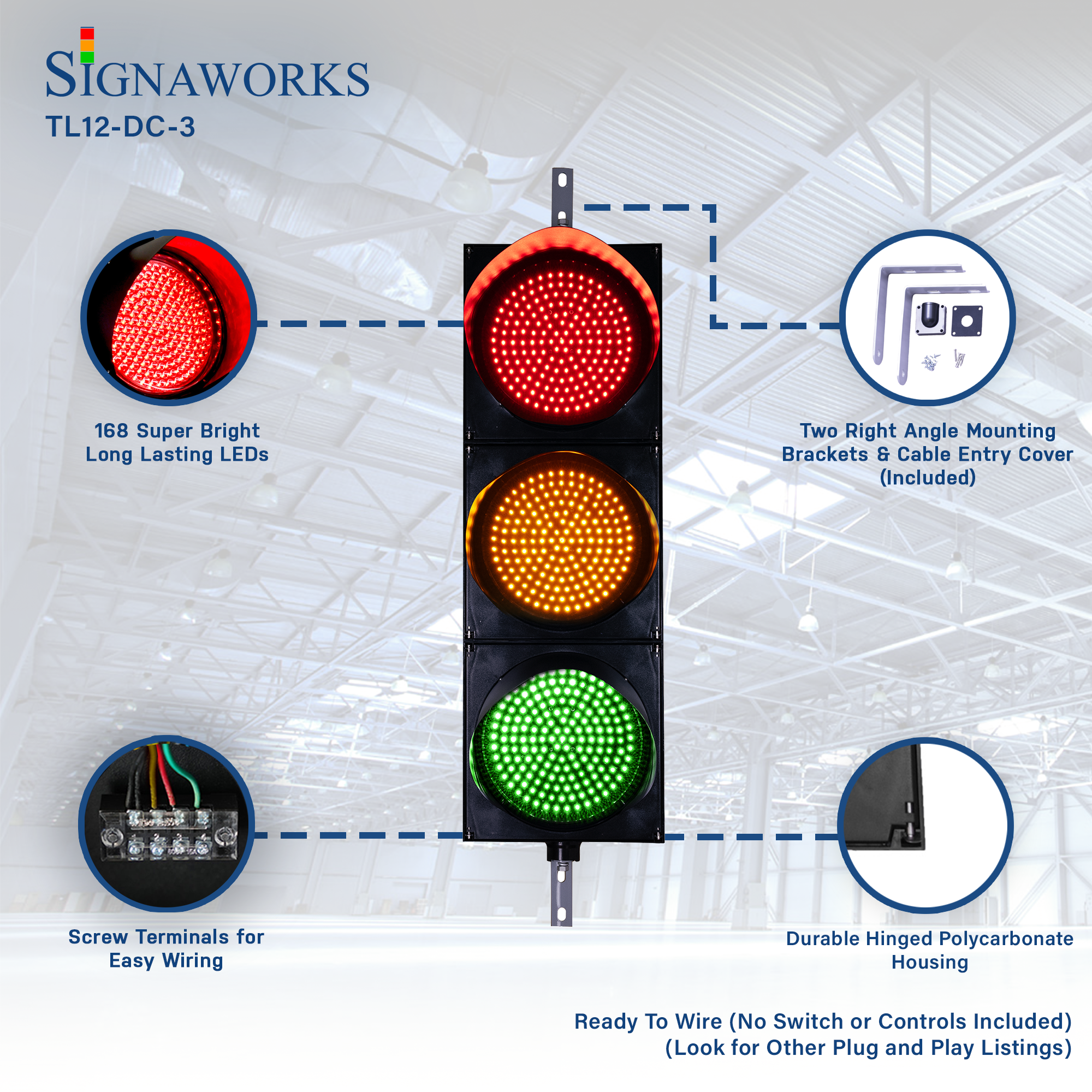 'Signaworks' branded graphic featuring LED quality, mounting brackets, wiring terminals and housing construction.
