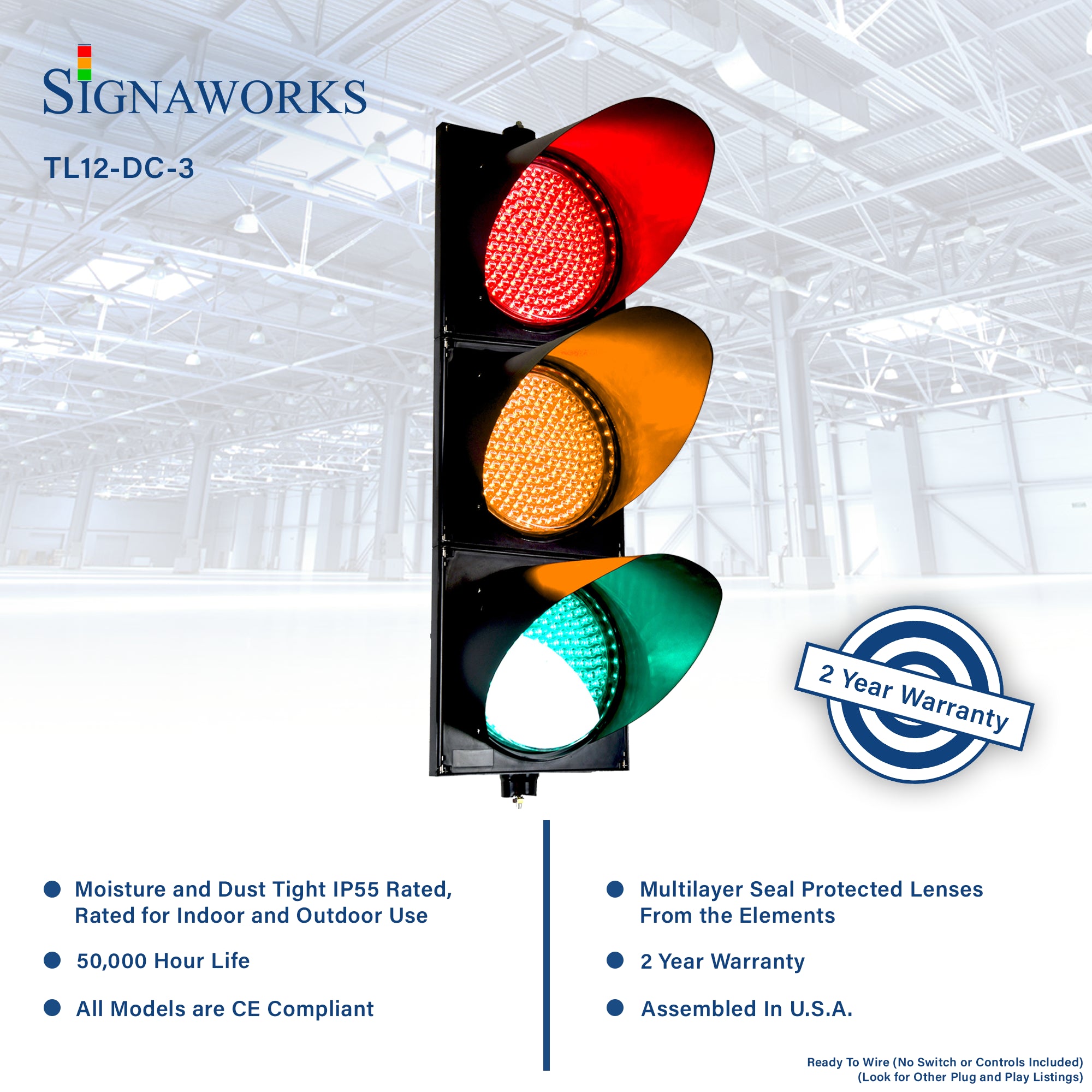 'Signaworks' branded graphic featuring a 2-year warranty badge and specs regarding IP rating, durability and compliance