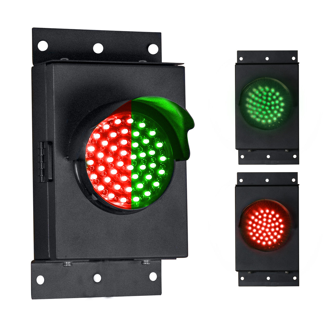 A 4 inch diameter 2-in-1 lens LED stop-go loading dock traffic light with red and green colors, showing both states of the light in different images, mounted on a black housing with mounting brackets.