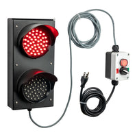 4 inch red traffic light with control panel and cables on a white background.
