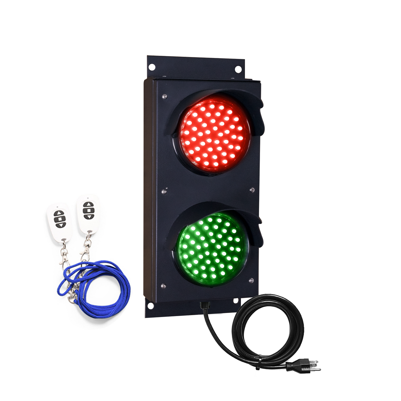 A 4 inch diameter lens LED traffic light with a red top light and green bottom light, accompanied by a wireless control key fob and a power cord.
