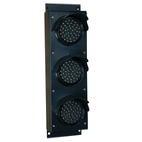 Black three-lens traffic light on a white background.