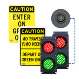 A pair of 4 inch diameter LED traffic lights with red and green lenses, designed for industrial use, shown with an internal control switch and 2 signs.