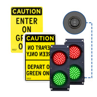 A pair of 4 inch diameter LED traffic lights with red and green lenses, designed for industrial use, shown with an internal control switch and 2 signs.