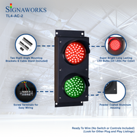 Red and green traffic light graphic featuring mounting hardware, screw terminals, LED output and powder coated aluminum housing.