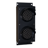 Angled perspective of black aluminum traffic light. 