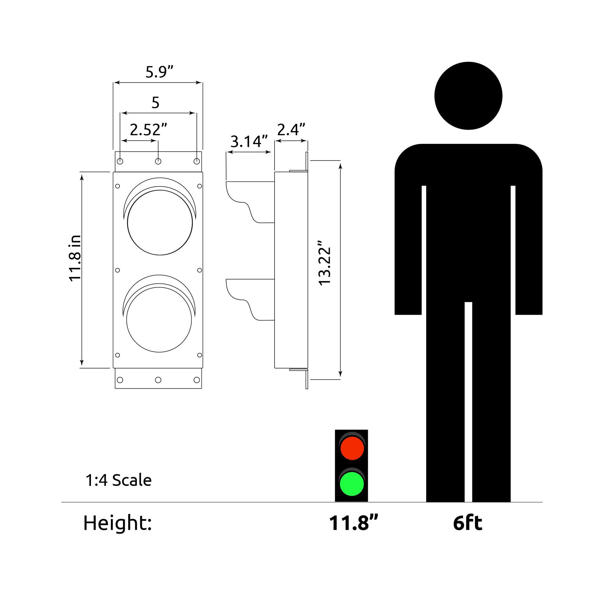 Graphic depicting the dimensions and relative size of a black four inch traffic lights on a white background.