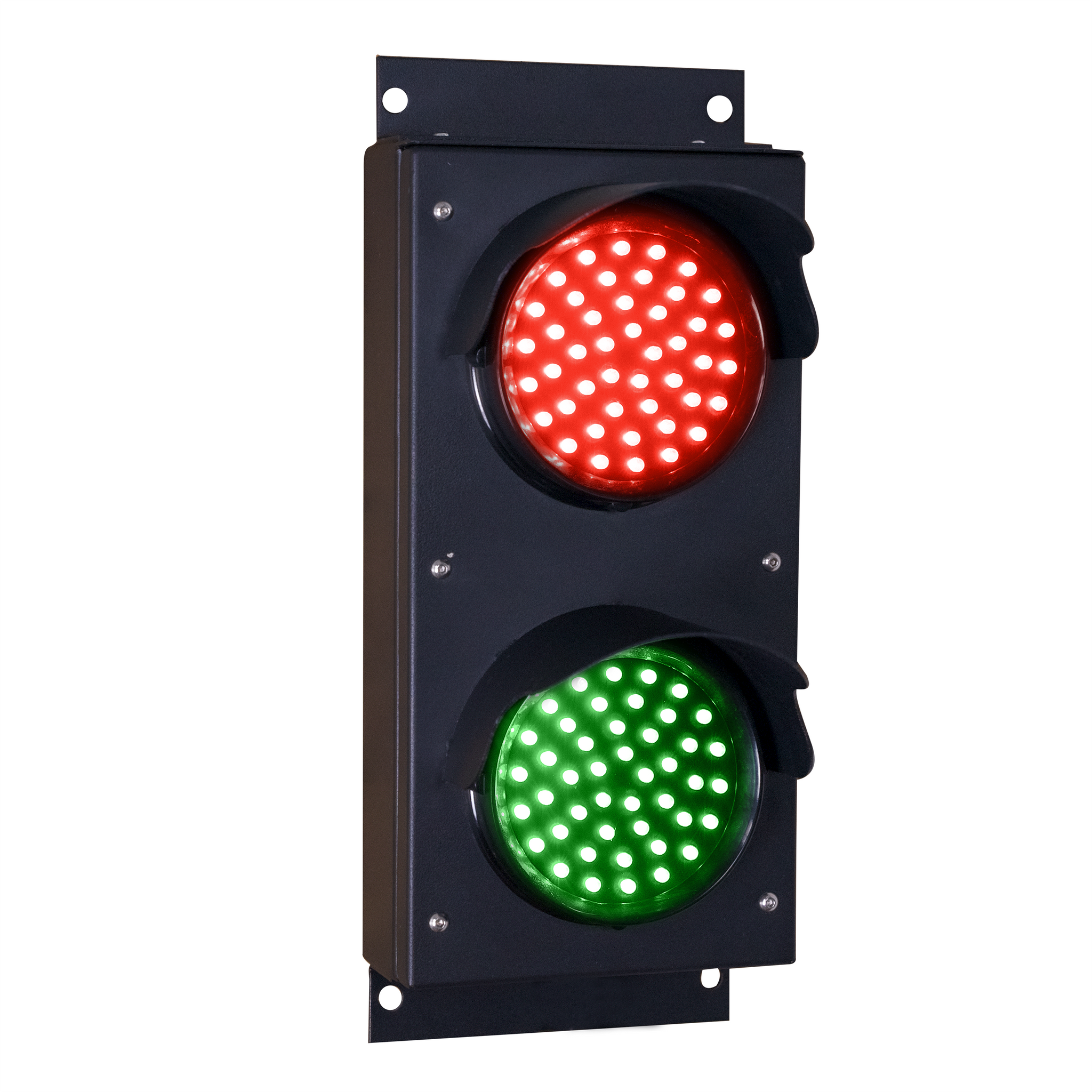 A front angled perspective of a 4 inch diameter lens illuminated LED loading dock traffic light with red and green lights in a black polycarbonate housing.