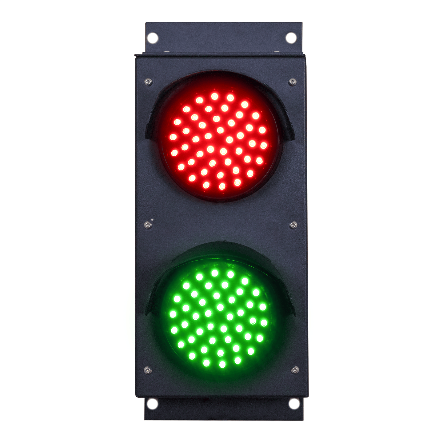 Black traffic light with illuminated Red and green 4 inch lenses on a white background.