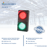 Red and green traffic light graphic featuring compliance, IP55 rating, 2 year warranty, USA assembly, lens design and 50,000 hour life.