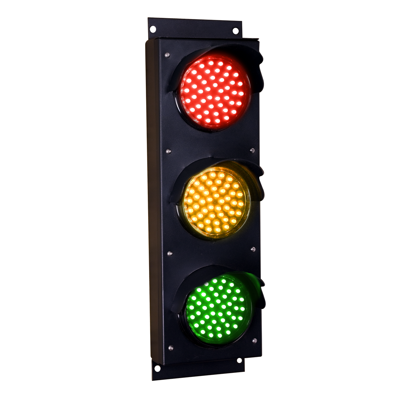 Triple red, amber and green traffic light on a white background.
