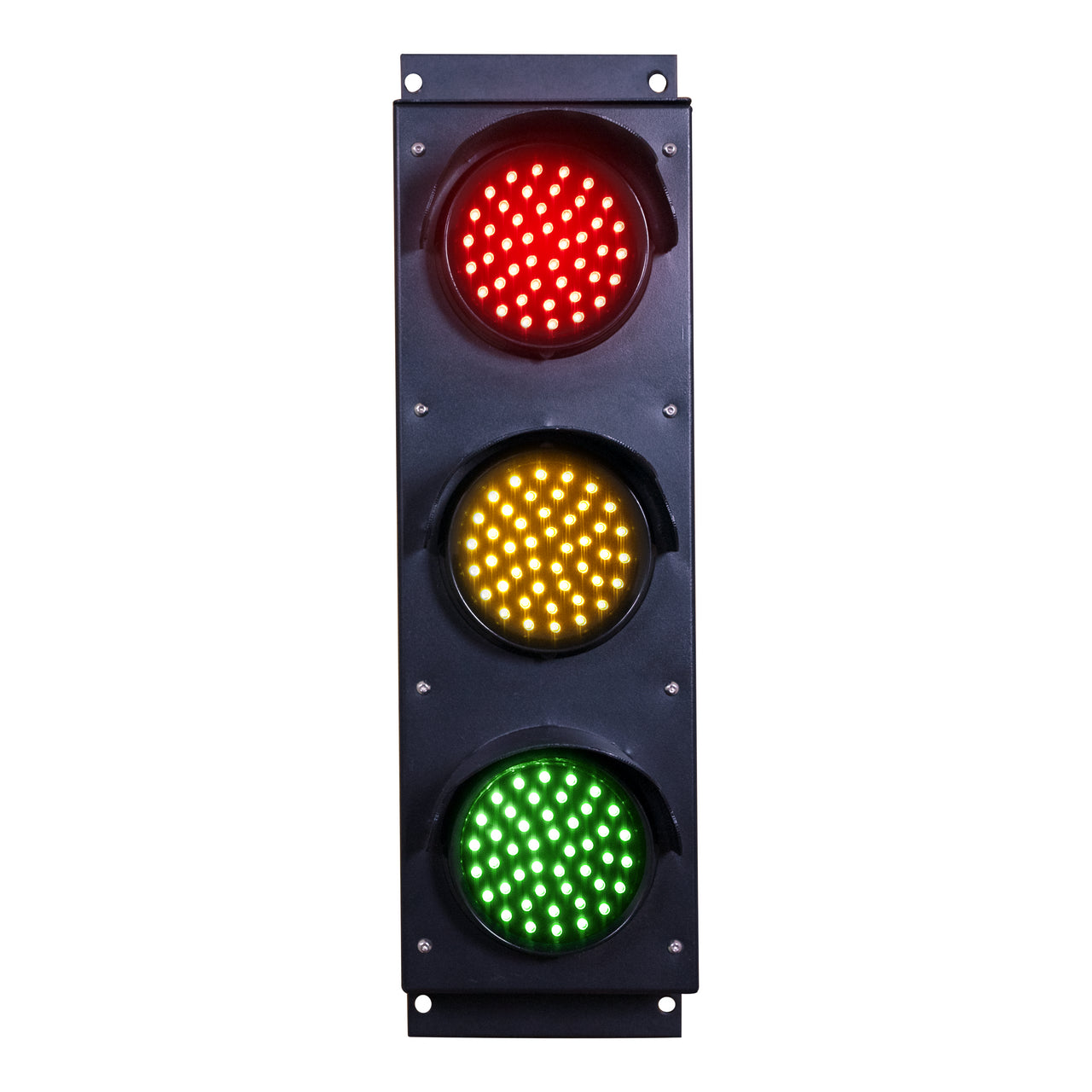 Triple red, amber and green traffic light on a white background.