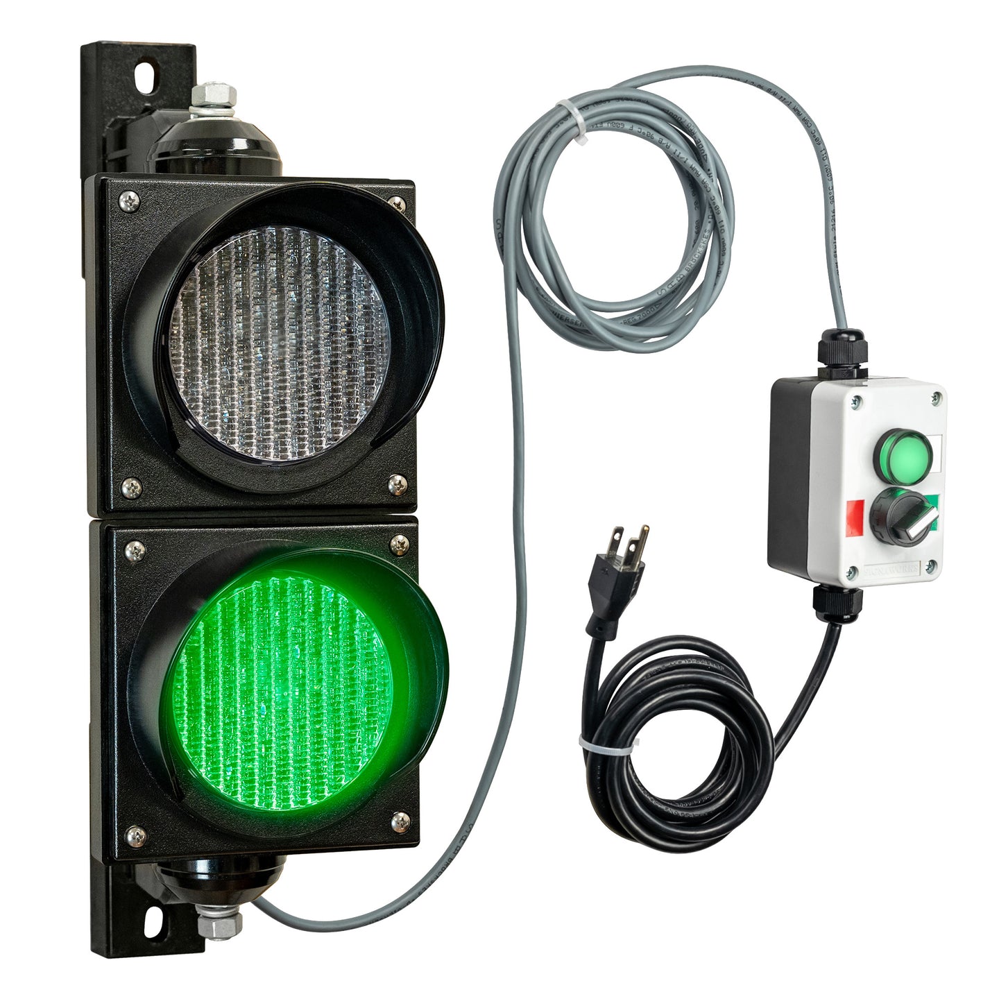 Green traffic light with a pilot light control box and cables on a white background.