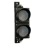 Dual 4 inch traffic light with black plastic brackets turned off on a white background.
