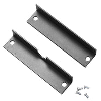 Black metal mounting hardware with 4 silver screws on a white background.