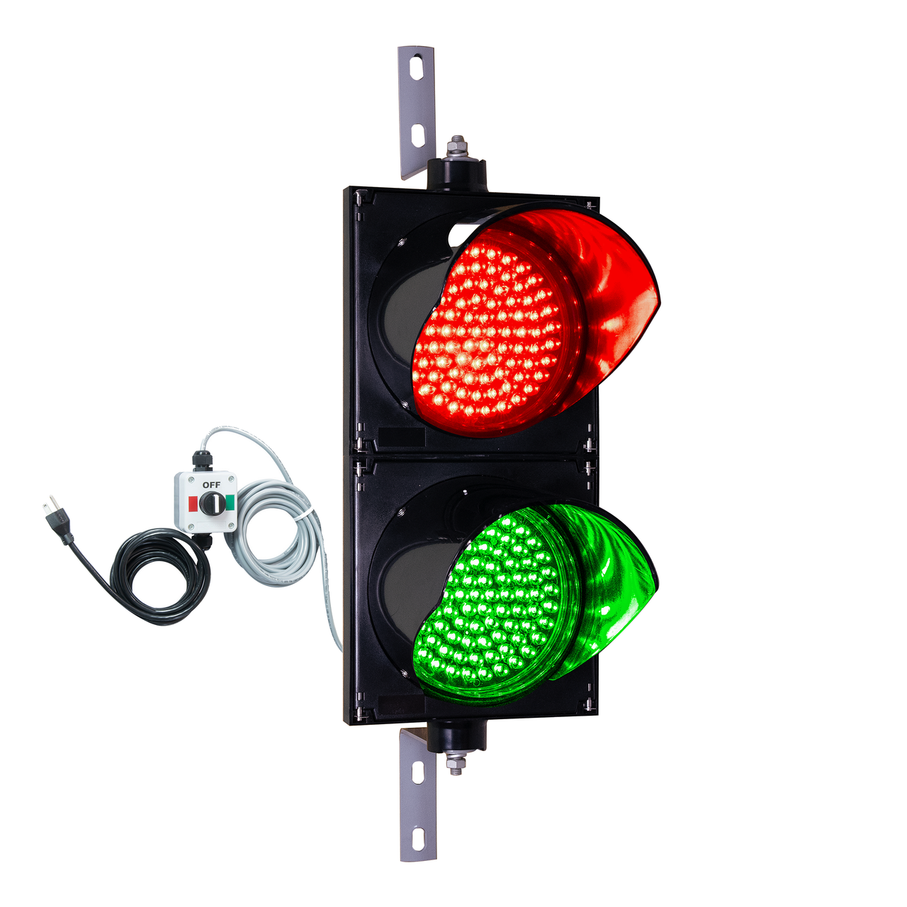An 8 inch diameter LED traffic light with red and green lenses, including a 3 position switch box and power cord.