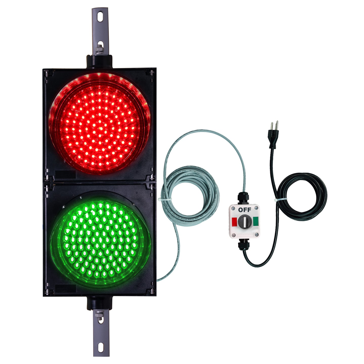 An 8 inch diameter LED traffic light with red and green lenses, including a 3 position switch box and power cord.