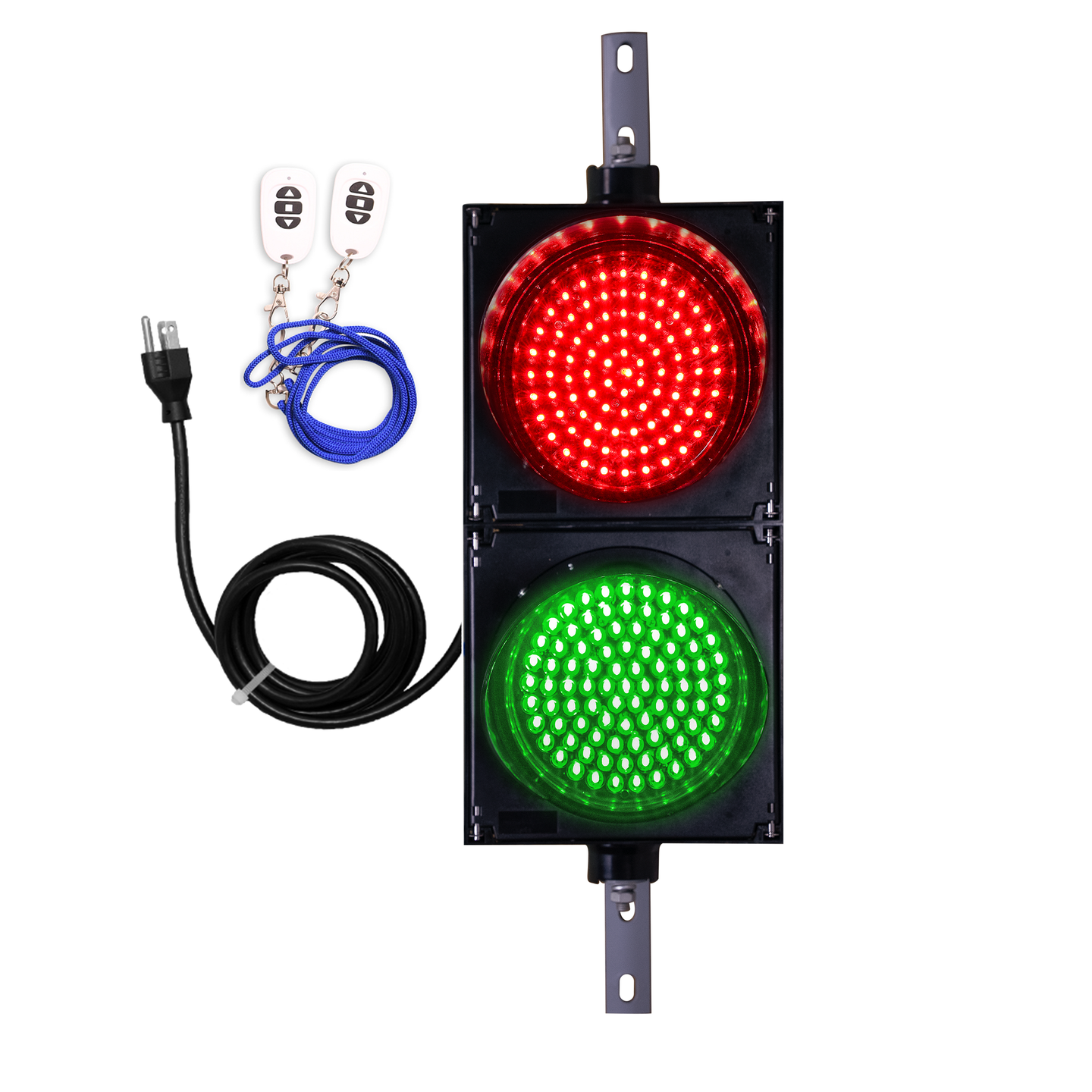 8 inch wireless LED traffic light with red and green colors, including a wireless key fob and a power cord.