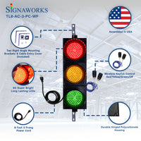 'Signaworks' branded graphic featuring mounting brackets, LED quality, key fobs, housing construction and power cable.