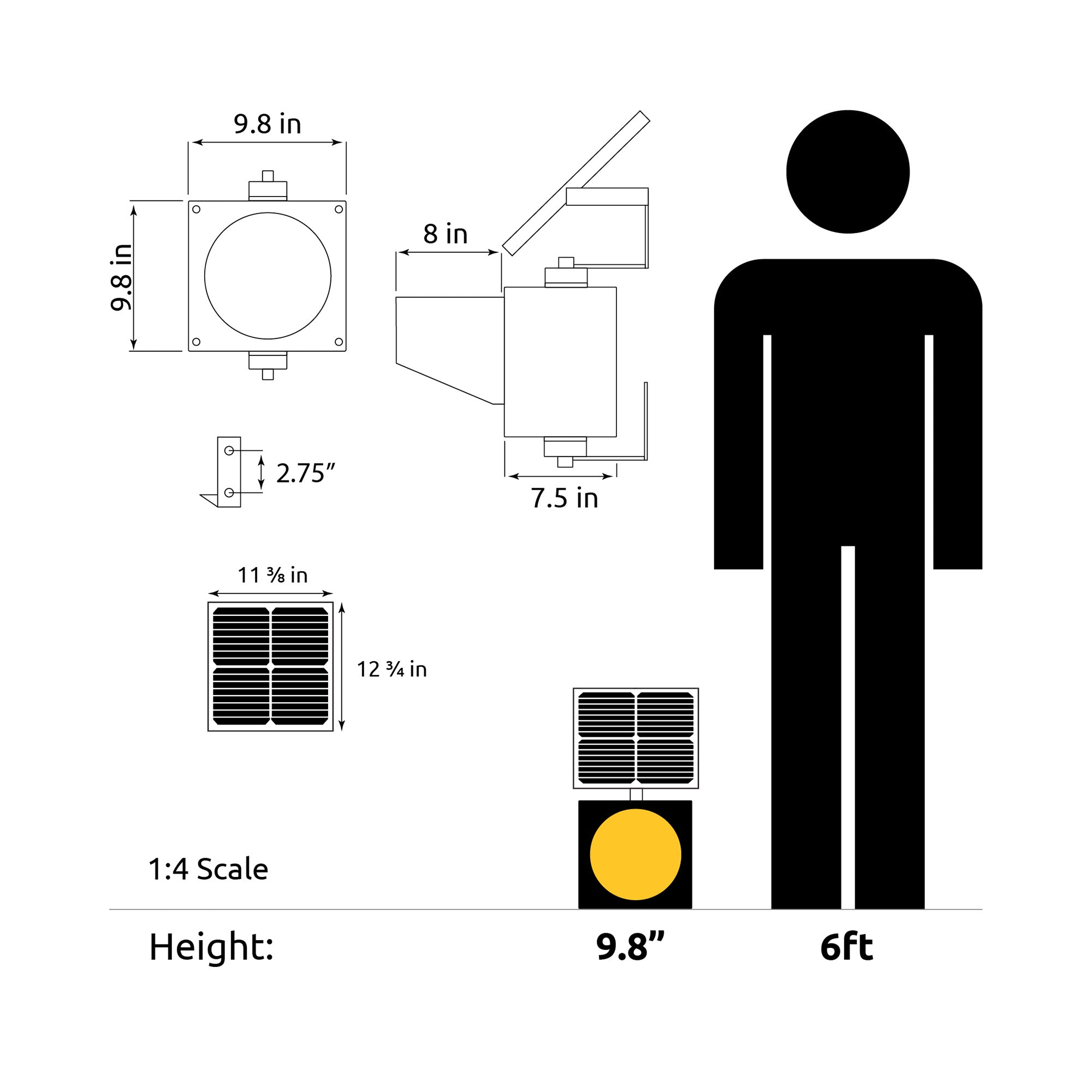 Diagram depicting solar powered traffic light dimensions and relative scale to a 6 foot human.