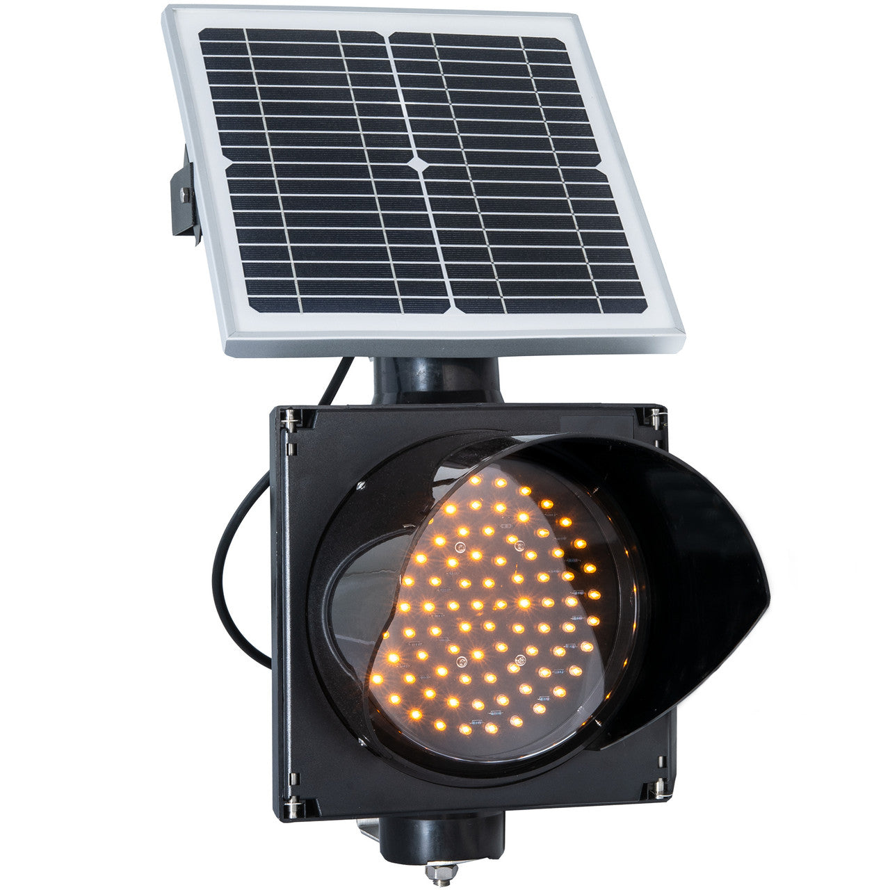 Solar powered 8 inch single amber lens traffic light on a white background.