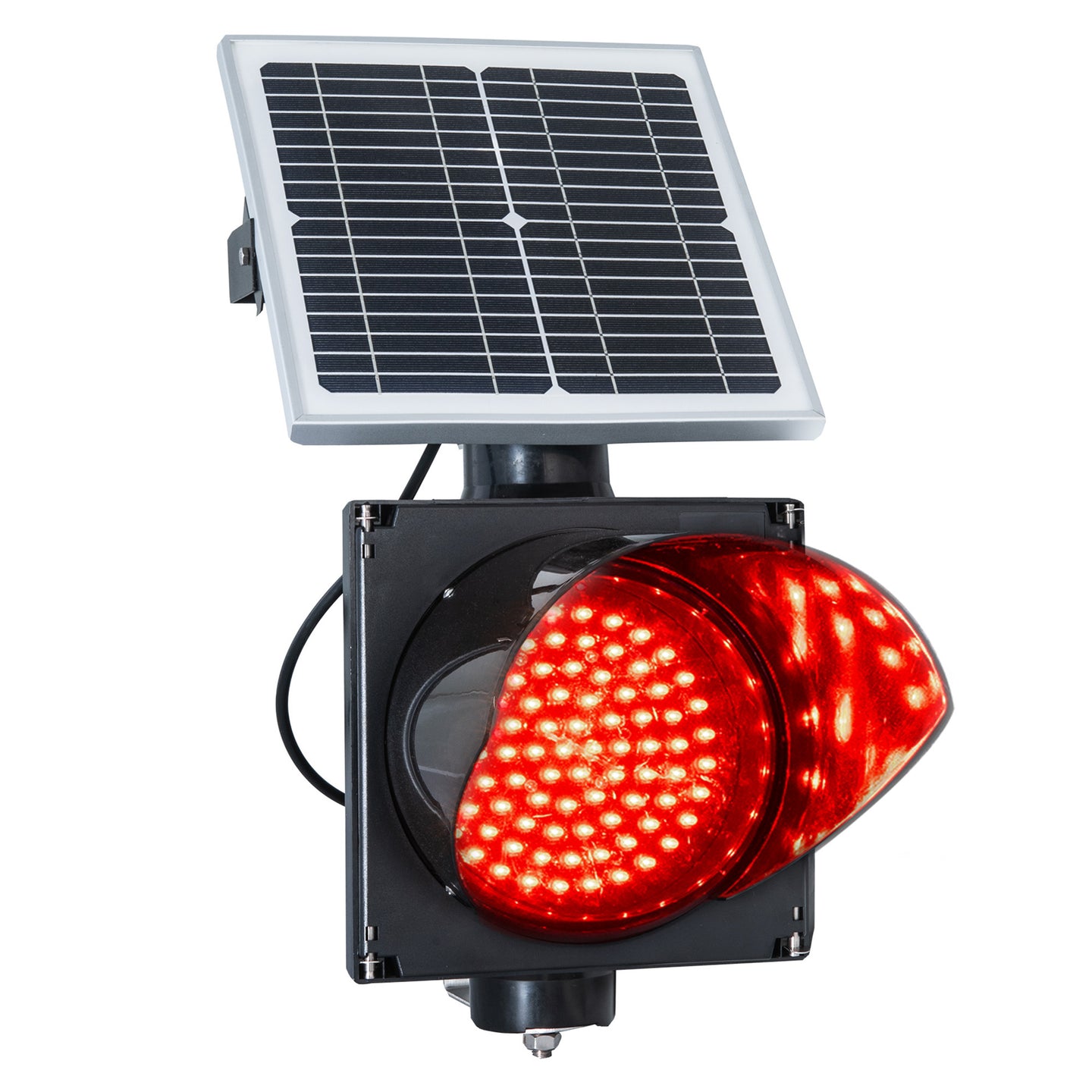 Solar powered 8 inch single lens traffic light on a white background.