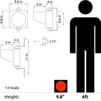 A black on white technical drawing of the TL8-1 and a red and black depiction of the light relative to a 6 foot tall human.