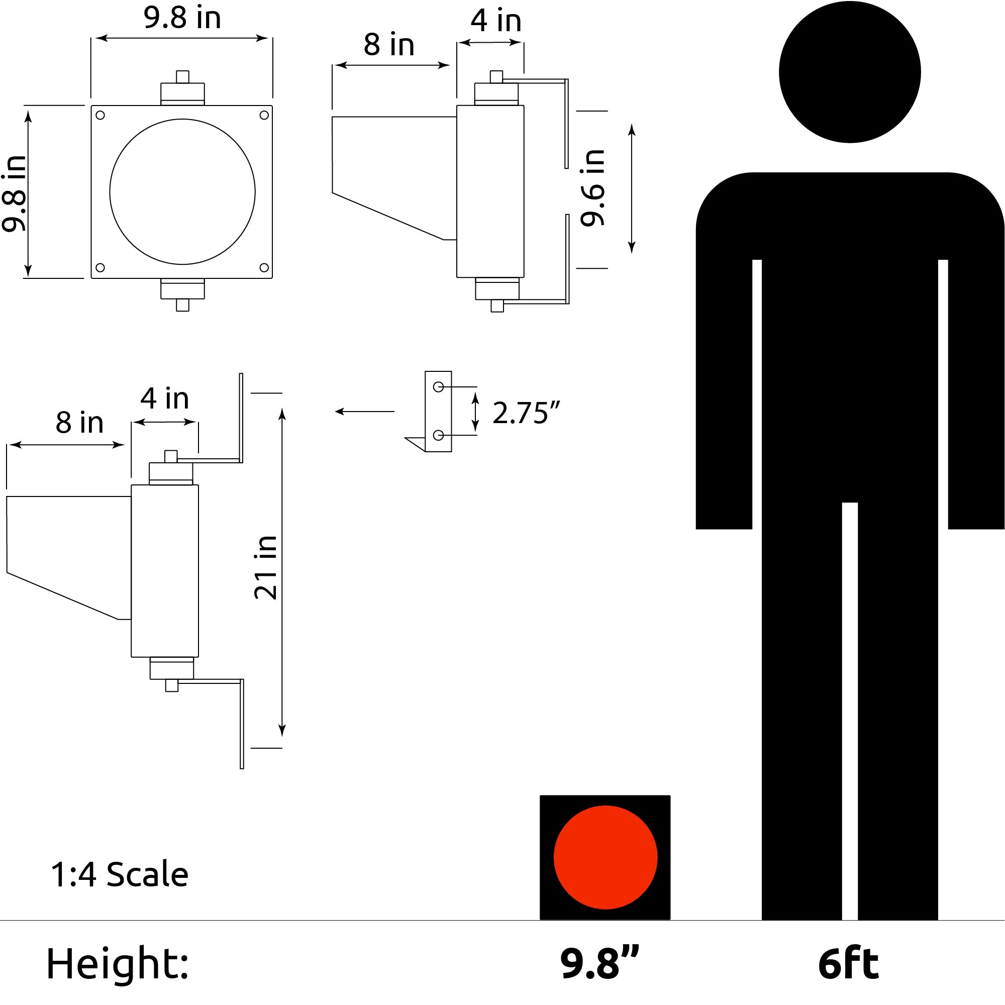 A black on white technical drawing of the TL8-1 and a red and black depiction of the light relative to a 6 foot tall human.