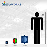 A 'Signaworks' branded graphic depicting the TL8-1's scale relative to a 6 foot tall human.