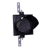 Black 8 inch single lens traffic light with steel mounting brackets on a white background.
