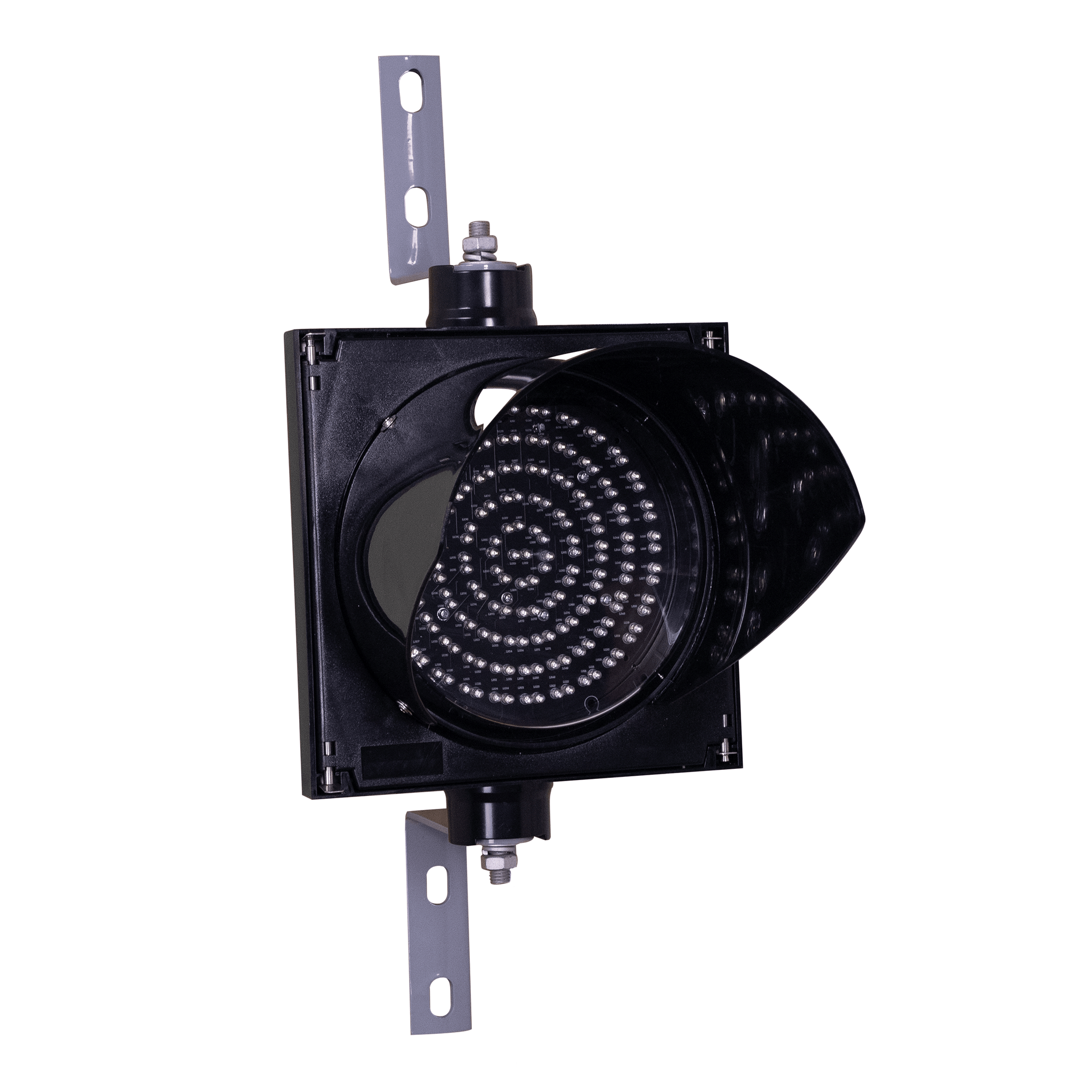 Black 8 inch single lens traffic light with steel mounting brackets on a white background.