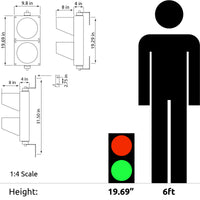 Black on white dimension diagram and green, red and black human scale reference graphic.
